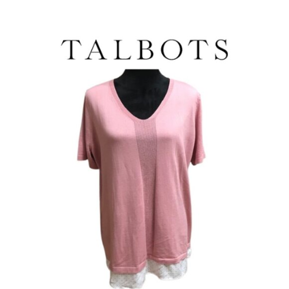 NWT Talbots Women's Layered Look Pink Sweater With polka dot mock shirt trim 1X - Picture 12 of 13